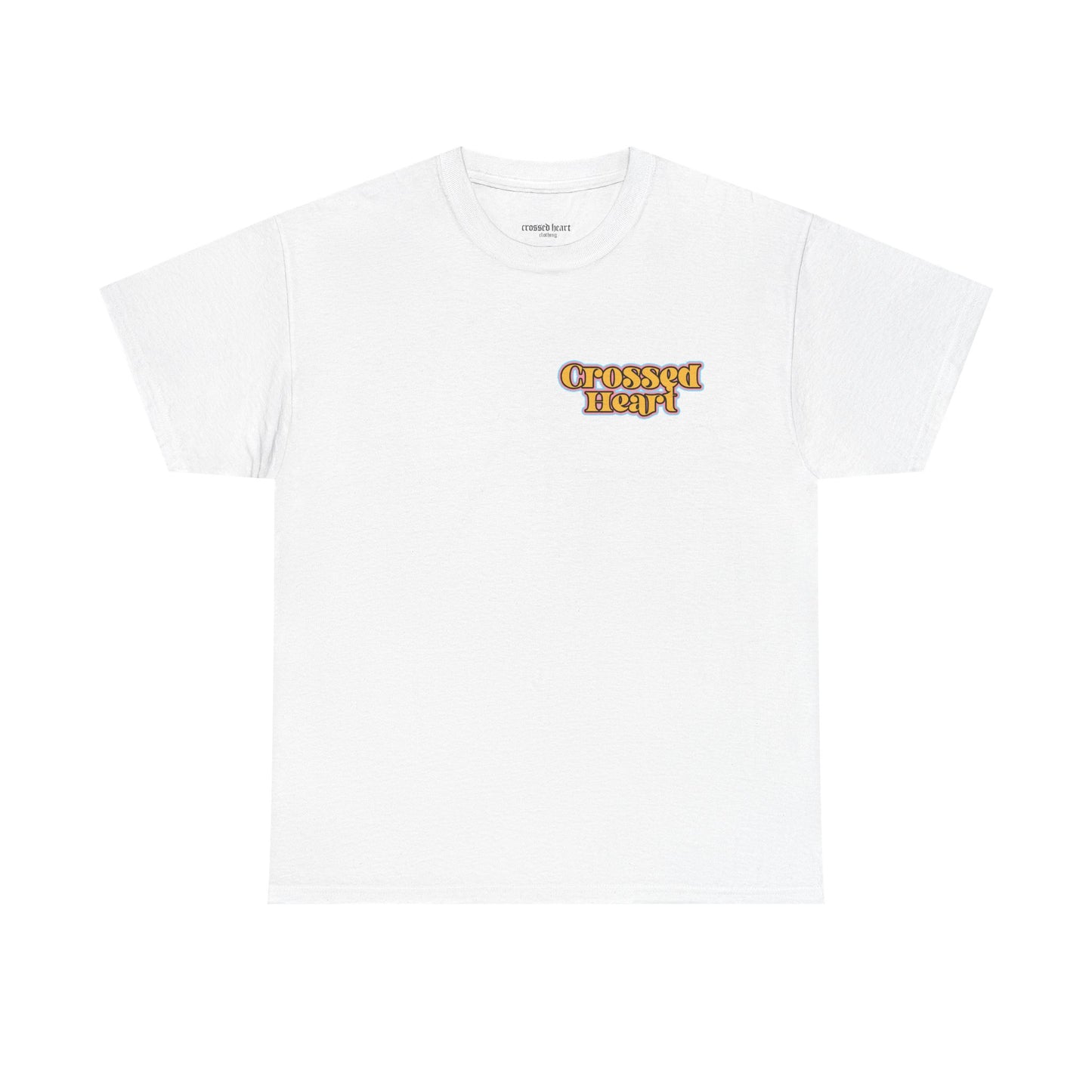 White alternative streetwear t-shirt featuring small retro Crossed Heart logo on chest