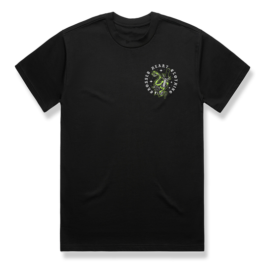 Black alternative streetwear t-shirt featuring small snake and dagger chest logo with Love All Trust Few design by Crossed Heart Clothing