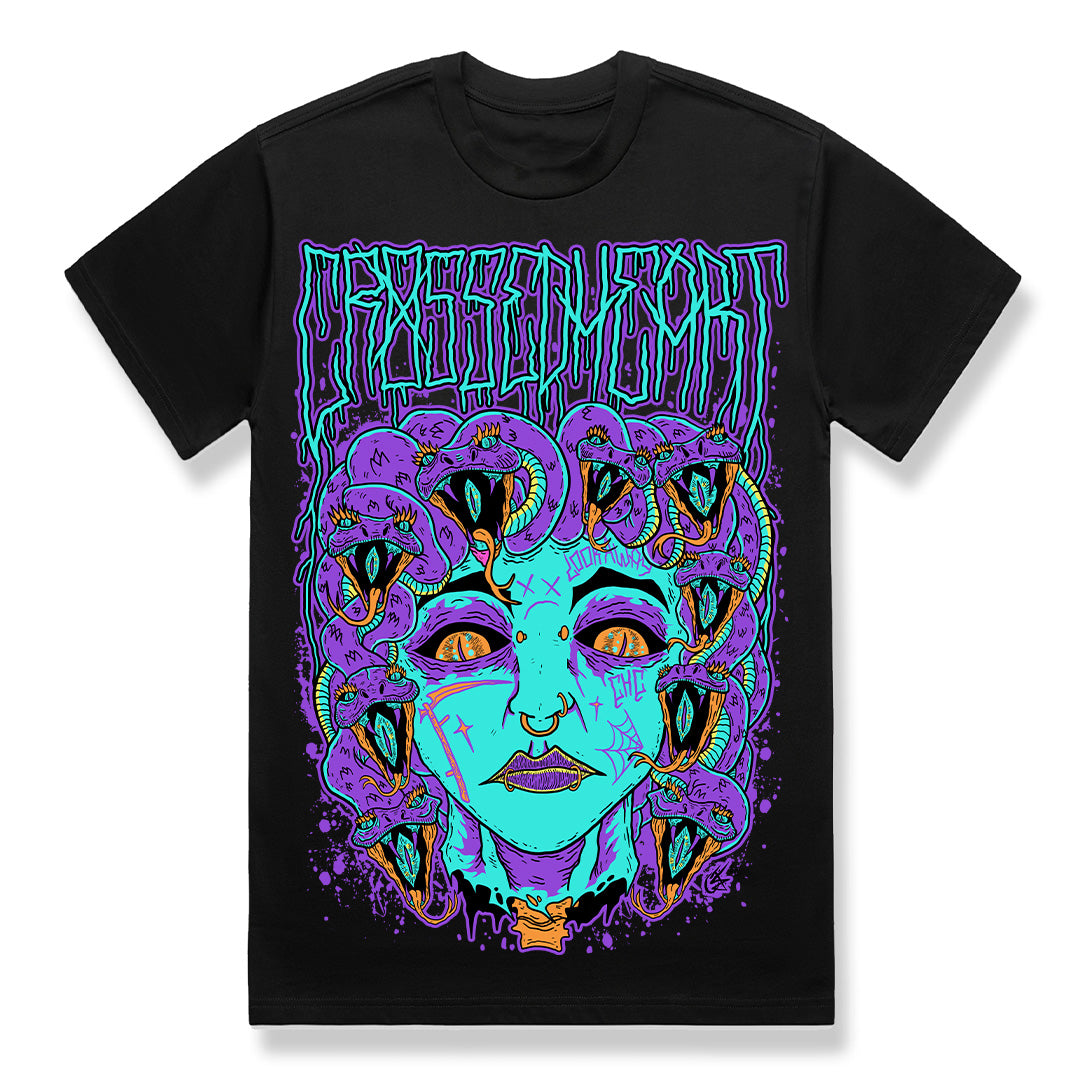 Medusa graphic t-shirt featuring neon snake hair gorgon illustration in tattoo inspired alternative streetwear style on black tee by Crossed Heart Clothing