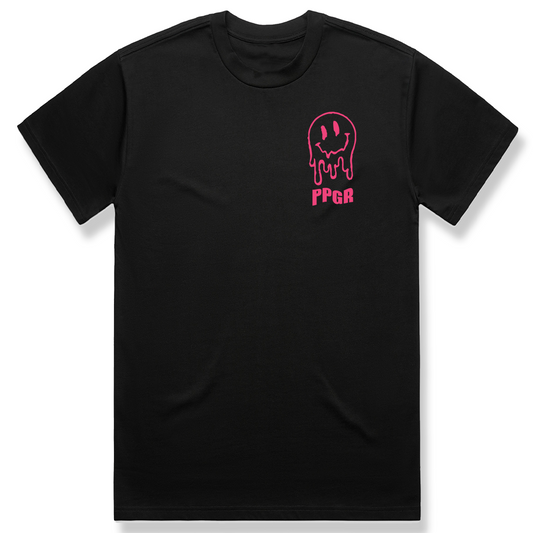 Pop Punk Goes Reggae PPGR drip logo t-shirt featuring pink melting smiley graphic on black alternative streetwear tee by Crossed Heart Clothing