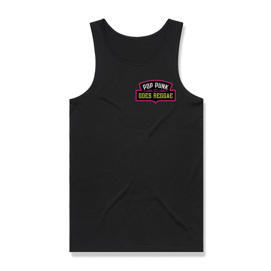 Pop Punk Goes Reggae logo tank top featuring neon PPGR emblem graphic on black alternative streetwear tank by Crossed Heart Clothing