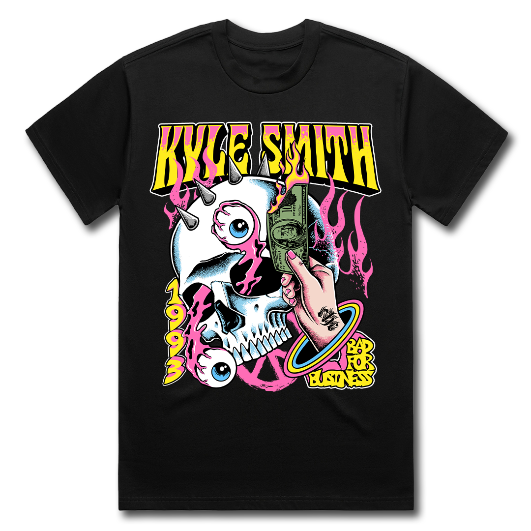 Black alternative streetwear t-shirt featuring skull and cash graphic Bad For Business design in collaboration with reggae rock artist Kyle Smith