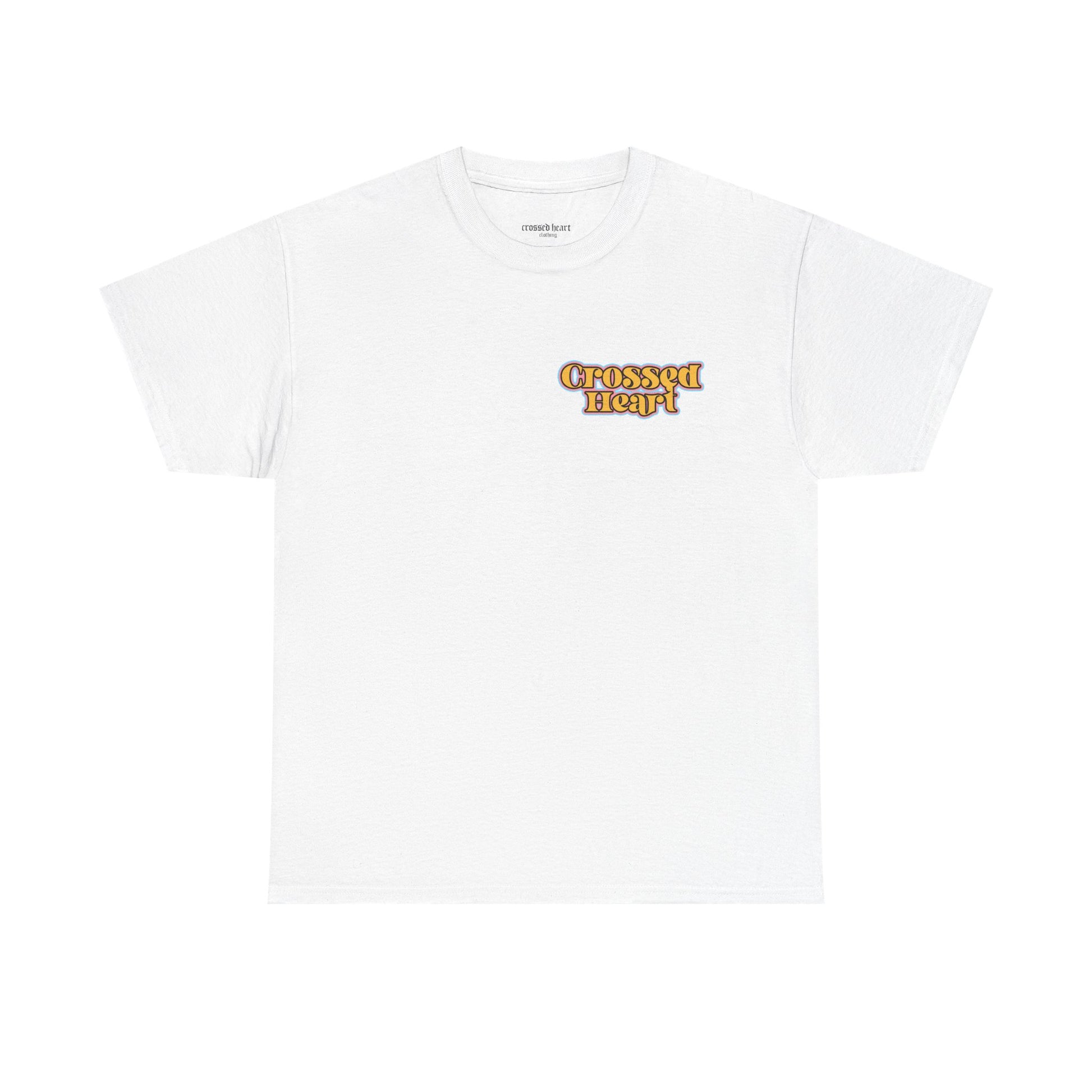 White alternative streetwear t-shirt featuring small retro Crossed Heart logo on chest