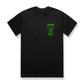 black graphic t-shirt front with green crossed heart logo typography streetwear unisex tee