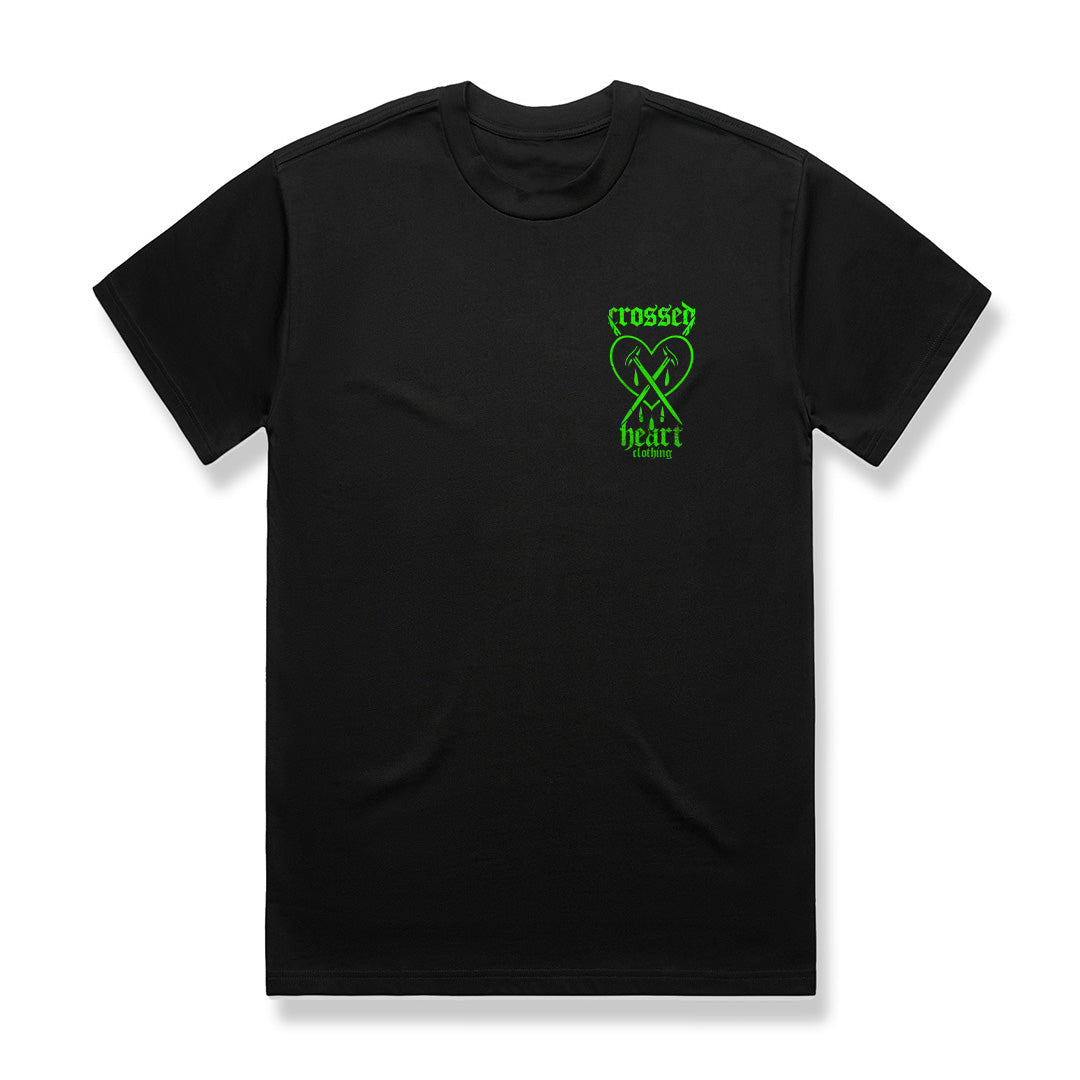 black graphic t-shirt front with green crossed heart logo typography streetwear unisex tee