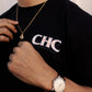Close-up of CHC logo on black minimalist alternative streetwear t-shirt by Crossed Heart Clothing