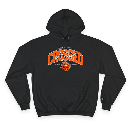 black chc premium supply champion hoodie with orange county gothic text and skull graphic front print streetwear pullover