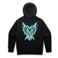 black hoodie with teal crossed heart lightning logo graphic back print streetwear unisex hoodie
