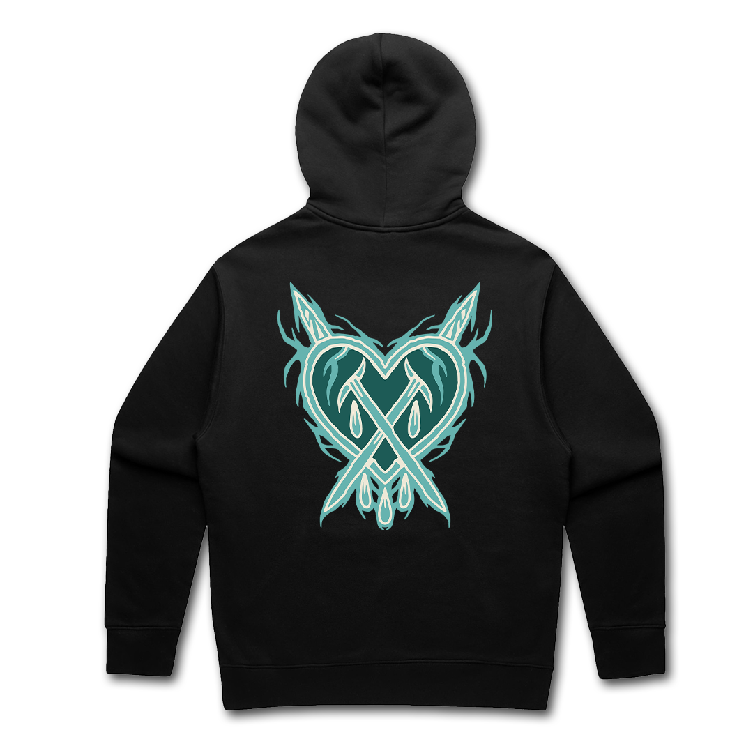 black hoodie with teal crossed heart lightning logo graphic back print streetwear unisex hoodie