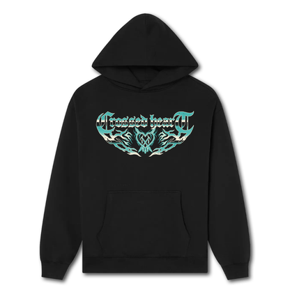 black hoodie with teal crossed heart logo graphic typography front print streetwear unisex hoodie