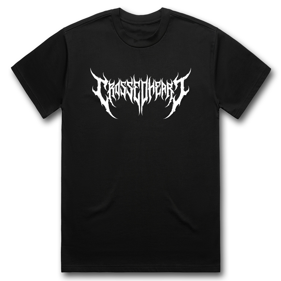 Black alternative streetwear t-shirt featuring white heavy metal and metalcore deathcore style Crossed Heart logo graphic