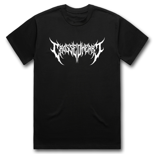 Black alternative streetwear t-shirt featuring white heavy metal and metalcore deathcore style Crossed Heart logo graphic