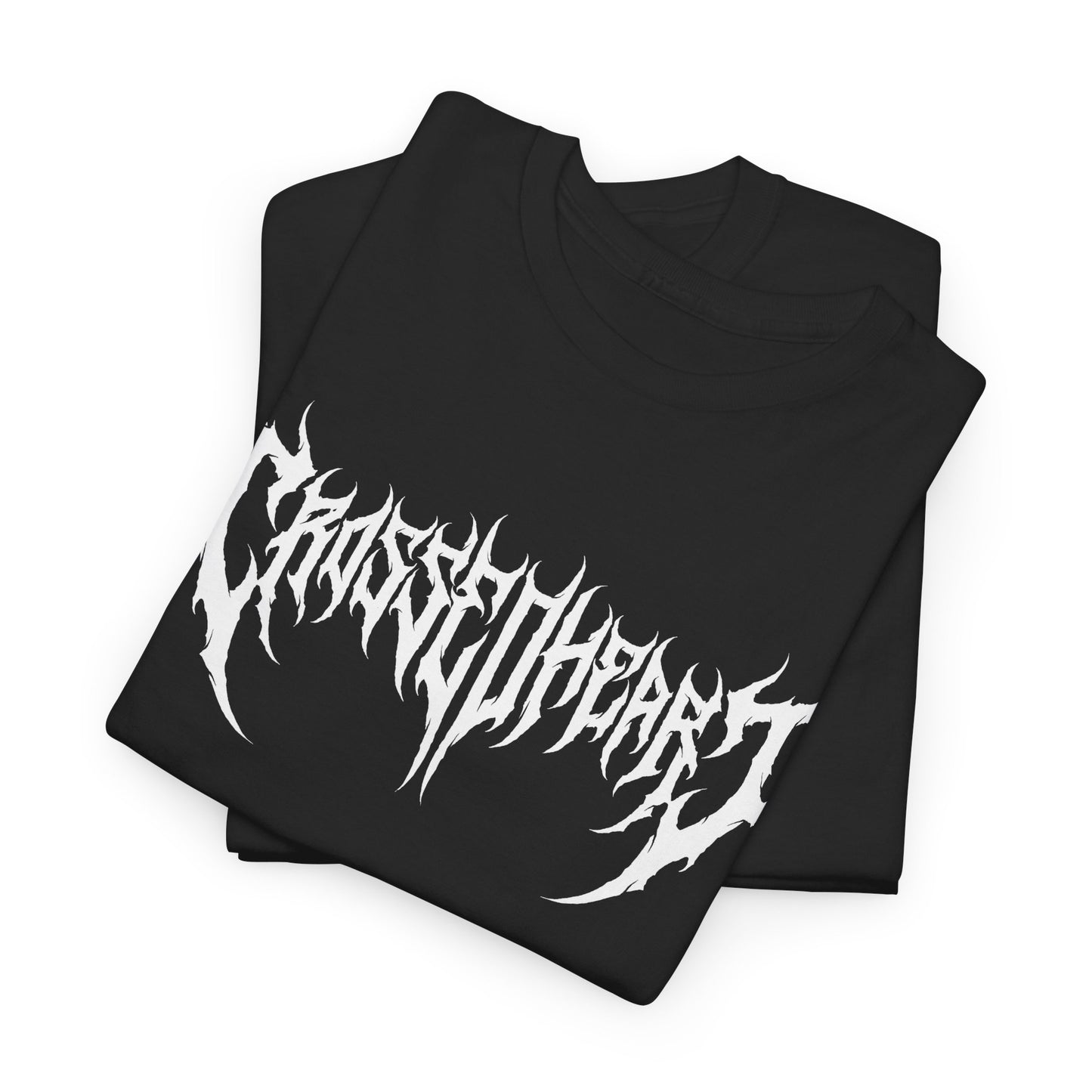 Folded black alternative streetwear t-shirt featuring white heavy metal style Crossed Heart logo graphic
