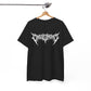 Black alternative streetwear t-shirt on hanger featuring white heavy metal style Crossed Heart logo graphic