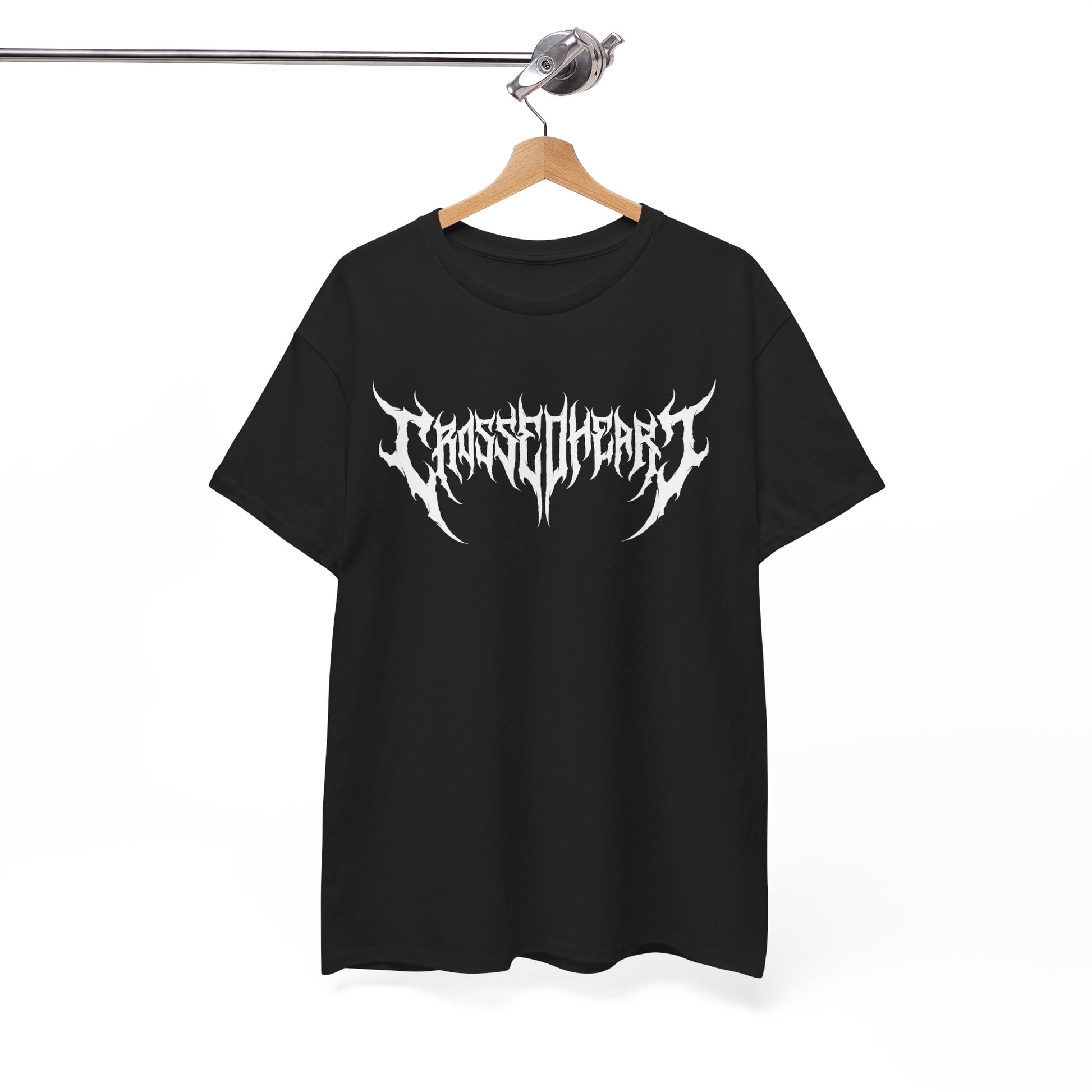 Black alternative streetwear t-shirt on hanger featuring white heavy metal style Crossed Heart logo graphic