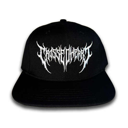 black snapback hat with white crossed heart metal style logo embroidery streetwear cap