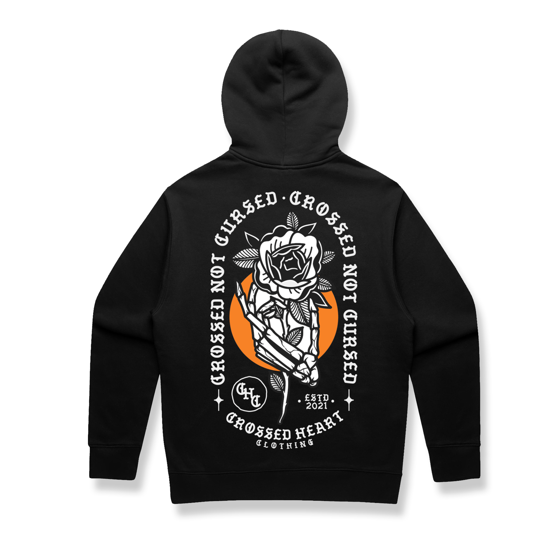 black crossed not cursed hoodie with rose skeleton graphic back print crossed heart clothing streetwear pullover