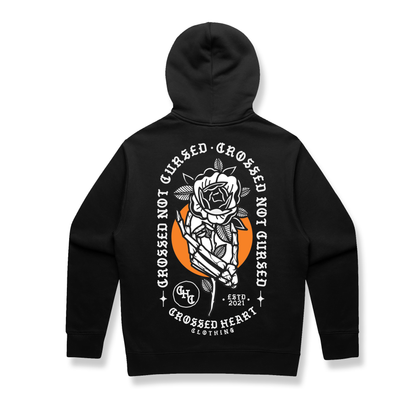 black crossed not cursed hoodie with rose skeleton graphic back print crossed heart clothing streetwear pullover