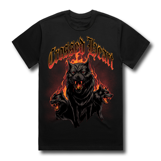 Black alternative streetwear t-shirt featuring flaming three-headed hellhound graphic with gothic Dogs of War design by Crossed Heart Clothing
