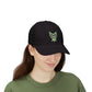 model wearing black lightning heart dad hat with green embroidered heart logo crossed heart clothing streetwear cap