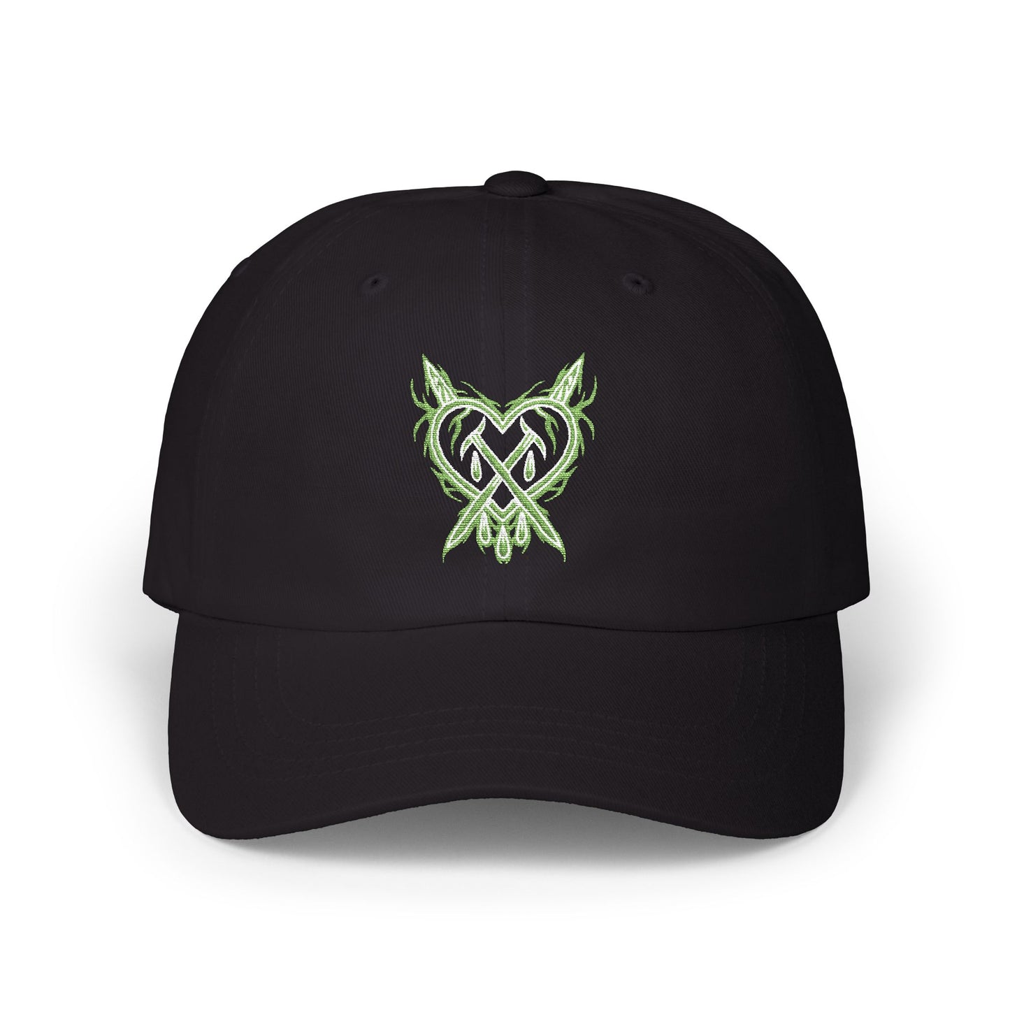 black lightning heart dad hat with green embroidered heart logo crossed heart clothing streetwear cap front view