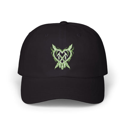 black lightning heart dad hat with green embroidered heart logo crossed heart clothing streetwear cap front view