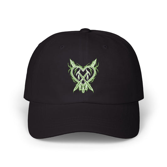 black lightning heart dad hat with green embroidered heart logo crossed heart clothing streetwear cap front view