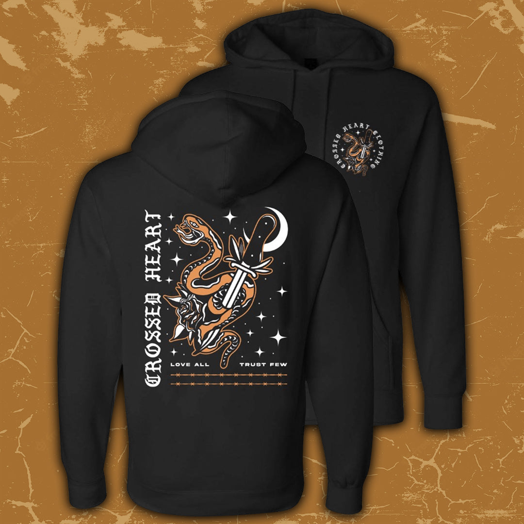 black love all trust few hoodie showing front chest logo and snake dagger graphic back print streetwear pullover hoodie full design