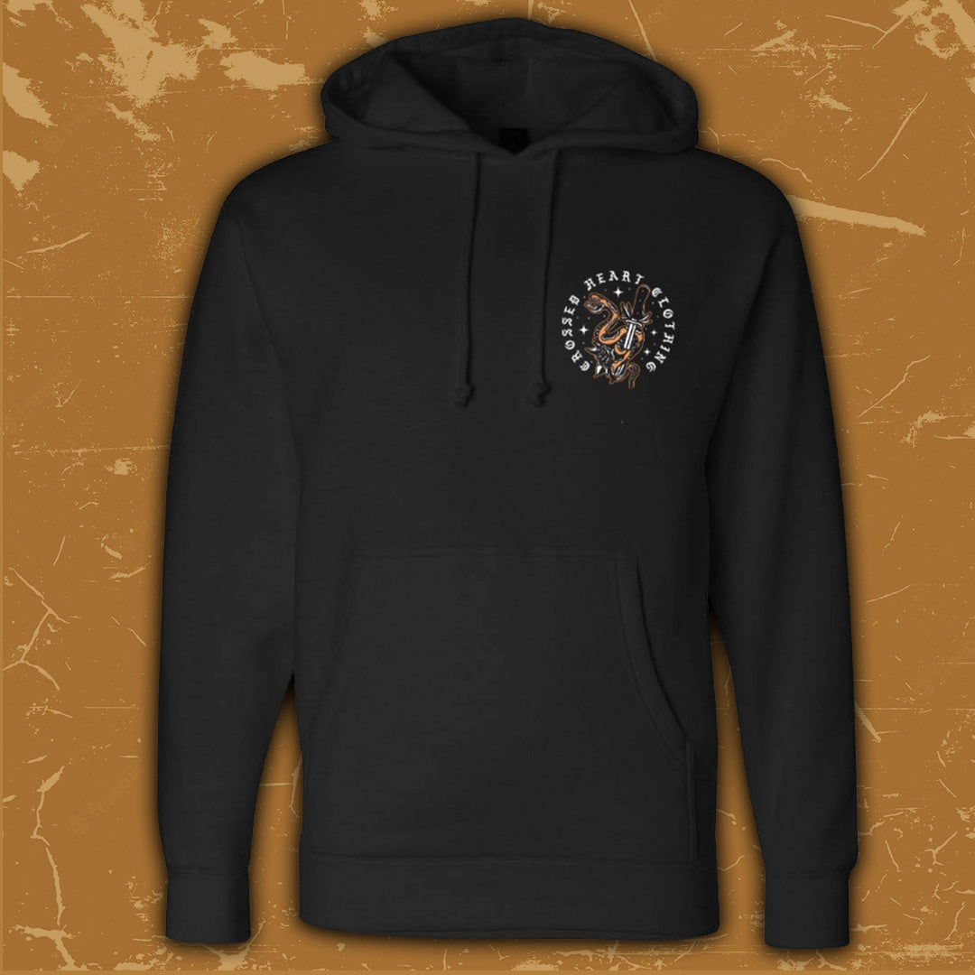 black love all trust few hoodie with small snake and dagger chest graphic streetwear pullover hoodie front view