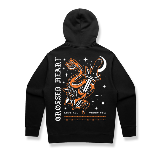 black hoodie with snake and dagger graphic and love all trust few text back print streetwear unisex hoodie