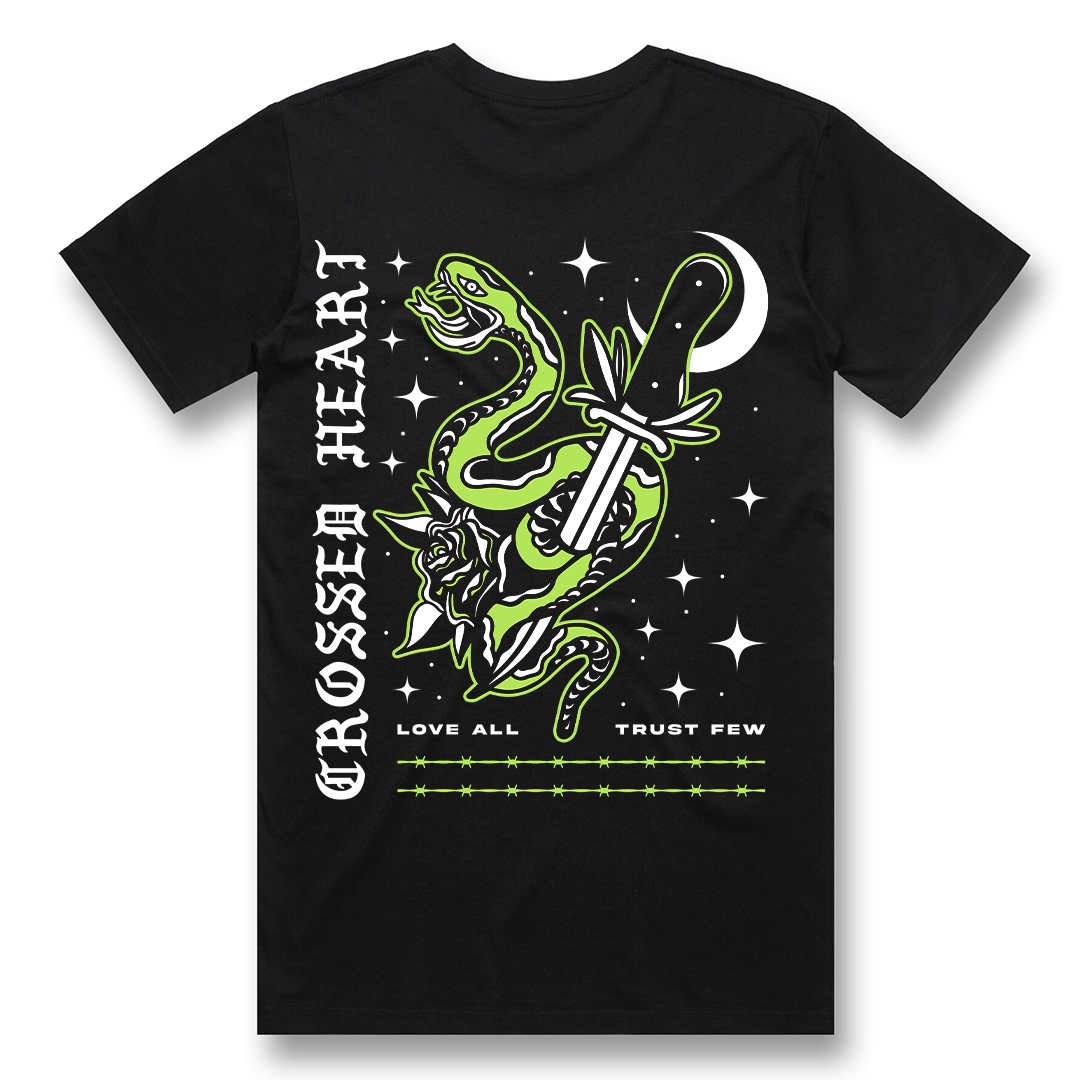 Black alternative streetwear t-shirt featuring tattoo-inspired snake and dagger graphic with Love All Trust Few text design