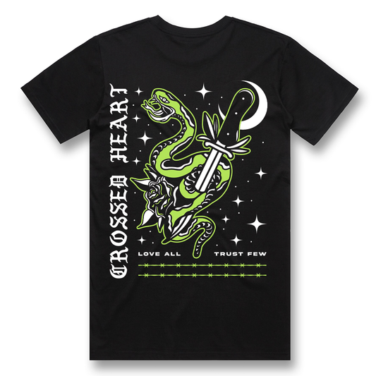 Black alternative streetwear t-shirt featuring tattoo-inspired snake and dagger graphic with Love All Trust Few text design