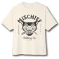 cream mischief oversized t-shirt with cat graphic crossed heart clothing co streetwear relaxed fit tee front view