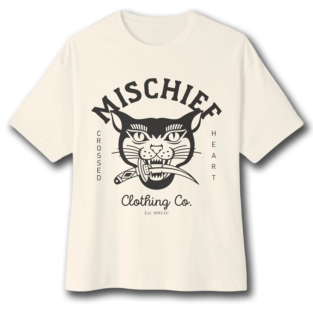 cream mischief oversized t-shirt with cat graphic crossed heart clothing co streetwear relaxed fit tee front view