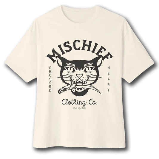 cream mischief oversized t-shirt with cat graphic crossed heart clothing co streetwear relaxed fit tee front view