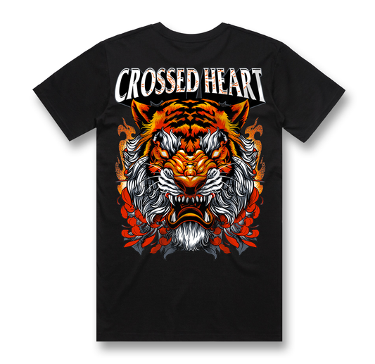 Black alternative streetwear t-shirt featuring tattoo-inspired tiger graphic and Crossed Heart text design