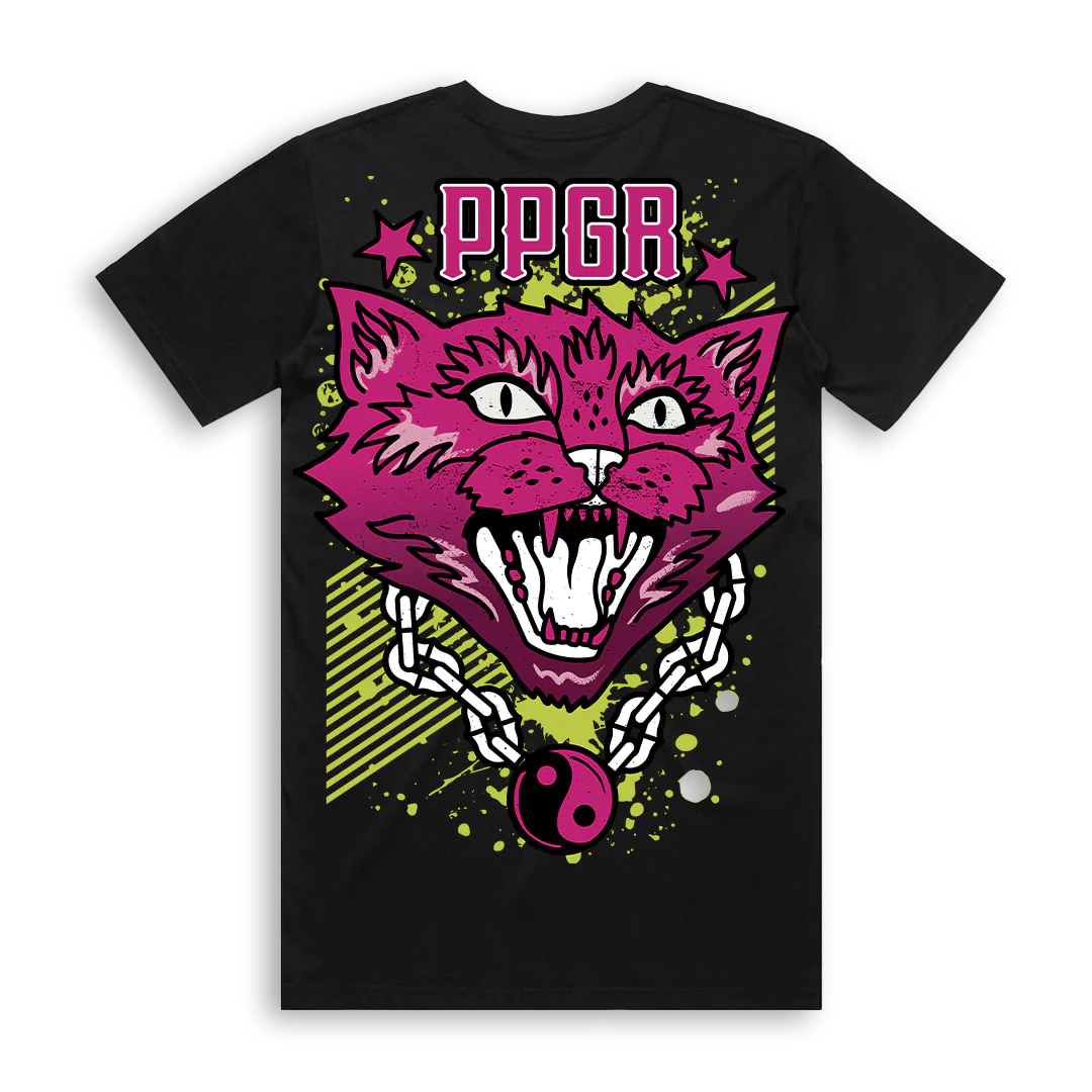 Pop Punk Goes Reggae PPGR Cat Tee by Crossed Heart Clothing featuring a bold pink neo-traditional tattoo style cat graphic on a black alternative streetwear t-shirt