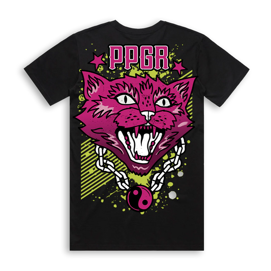 Pop Punk Goes Reggae PPGR Cat Tee by Crossed Heart Clothing featuring a bold pink neo-traditional tattoo style cat graphic on a black alternative streetwear t-shirt