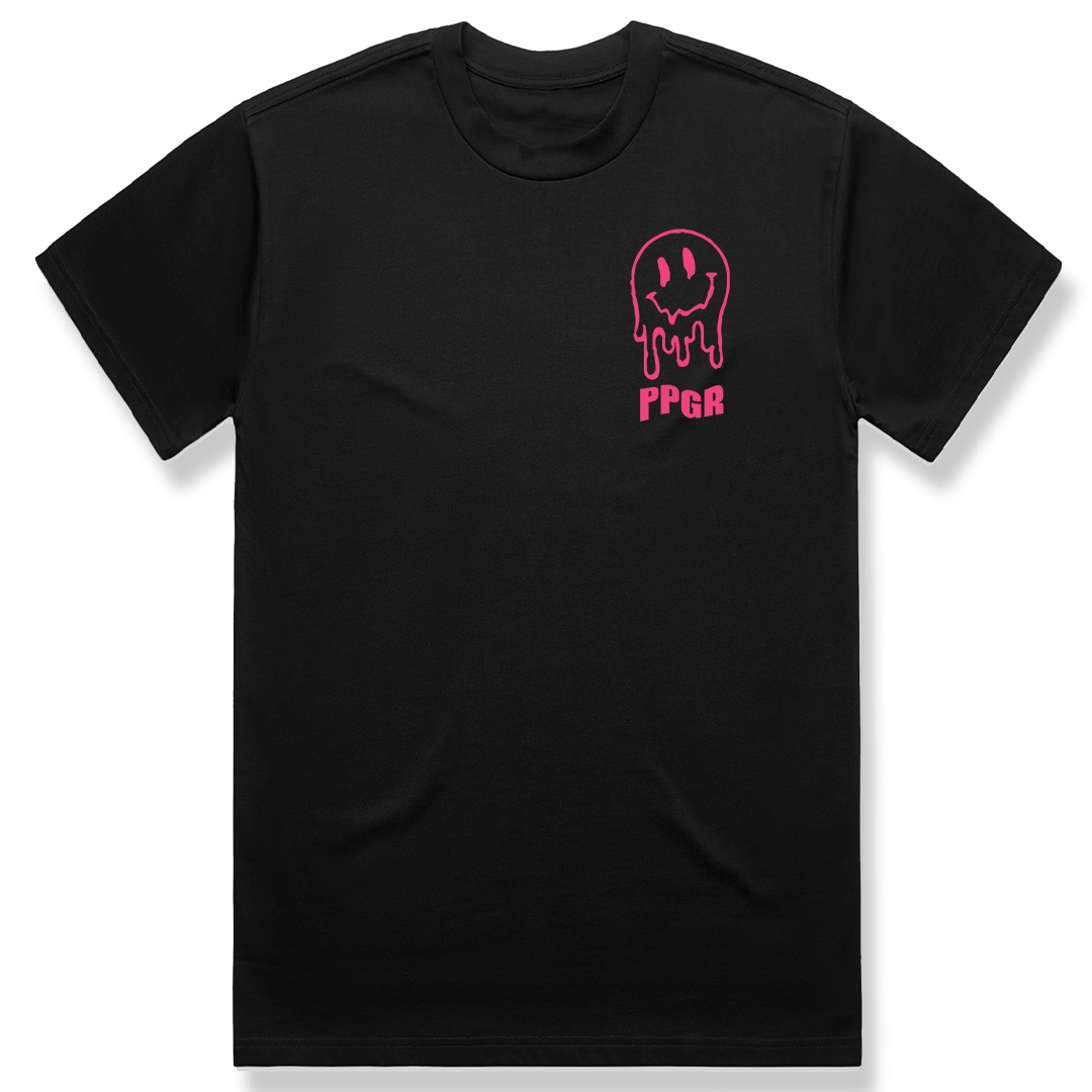 Pop Punk Goes Reggae PPGR drip logo t-shirt featuring pink melting smiley graphic on black alternative streetwear tee by Crossed Heart Clothing