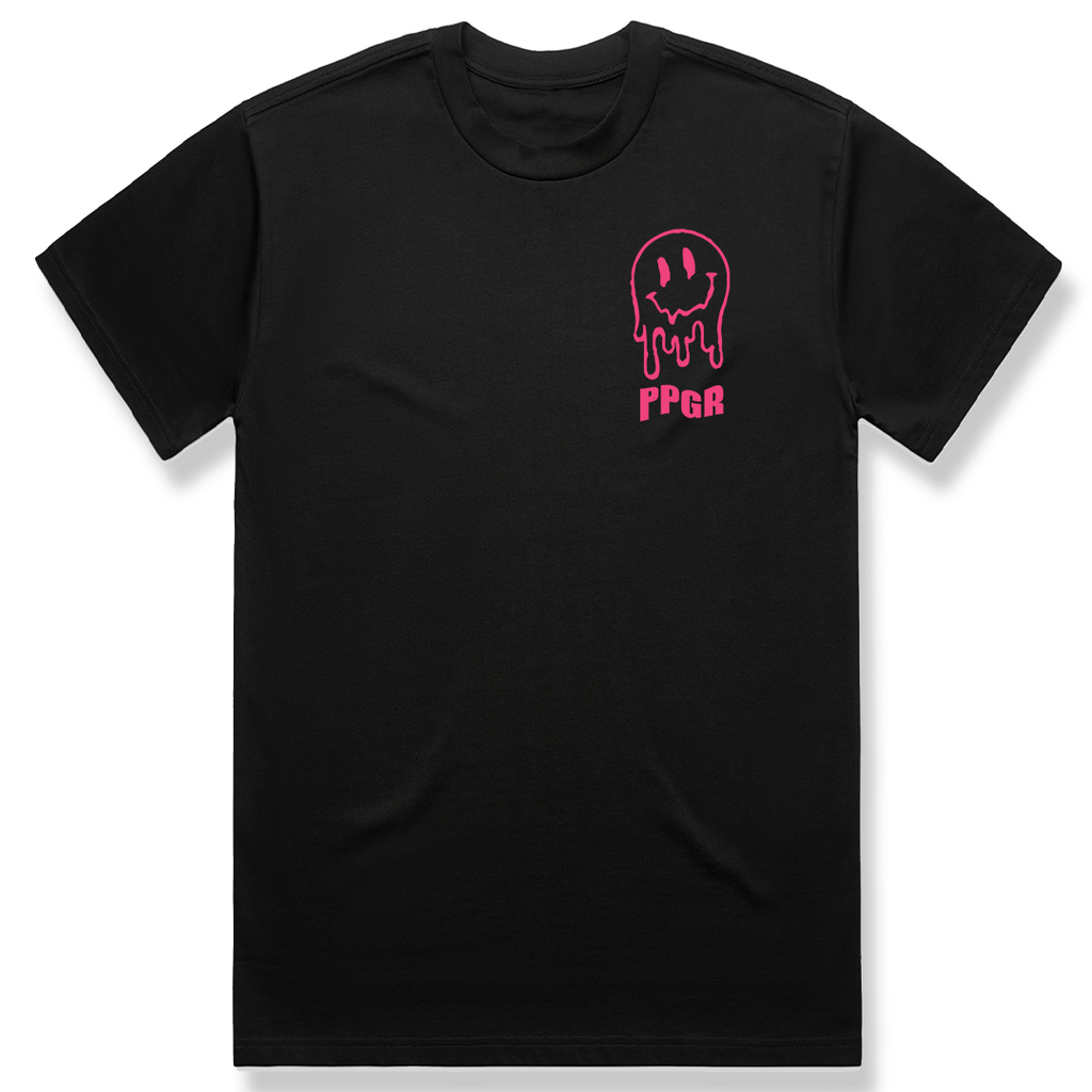 Pop Punk Goes Reggae PPGR drip logo t-shirt featuring pink melting smiley graphic on black alternative streetwear tee by Crossed Heart Clothing