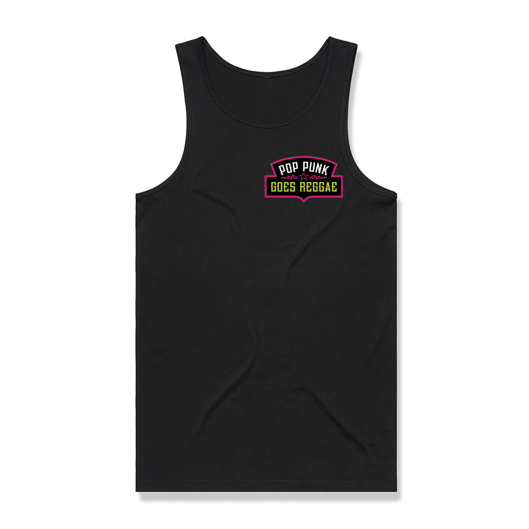 Pop Punk Goes Reggae logo tank top featuring neon PPGR emblem graphic on black alternative streetwear tank by Crossed Heart Clothing