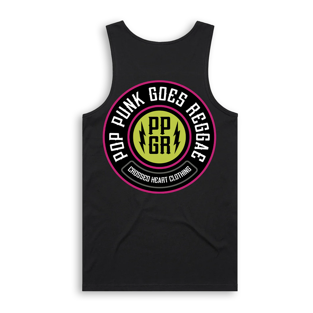Pop Punk Goes Reggae PPGR emblem tank top featuring circular lightning logo graphic on black alternative streetwear tank by Crossed Heart Clothing