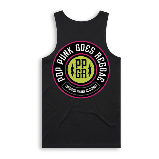 Pop Punk Goes Reggae PPGR emblem tank top featuring circular lightning logo graphic on black alternative streetwear tank by Crossed Heart Clothing