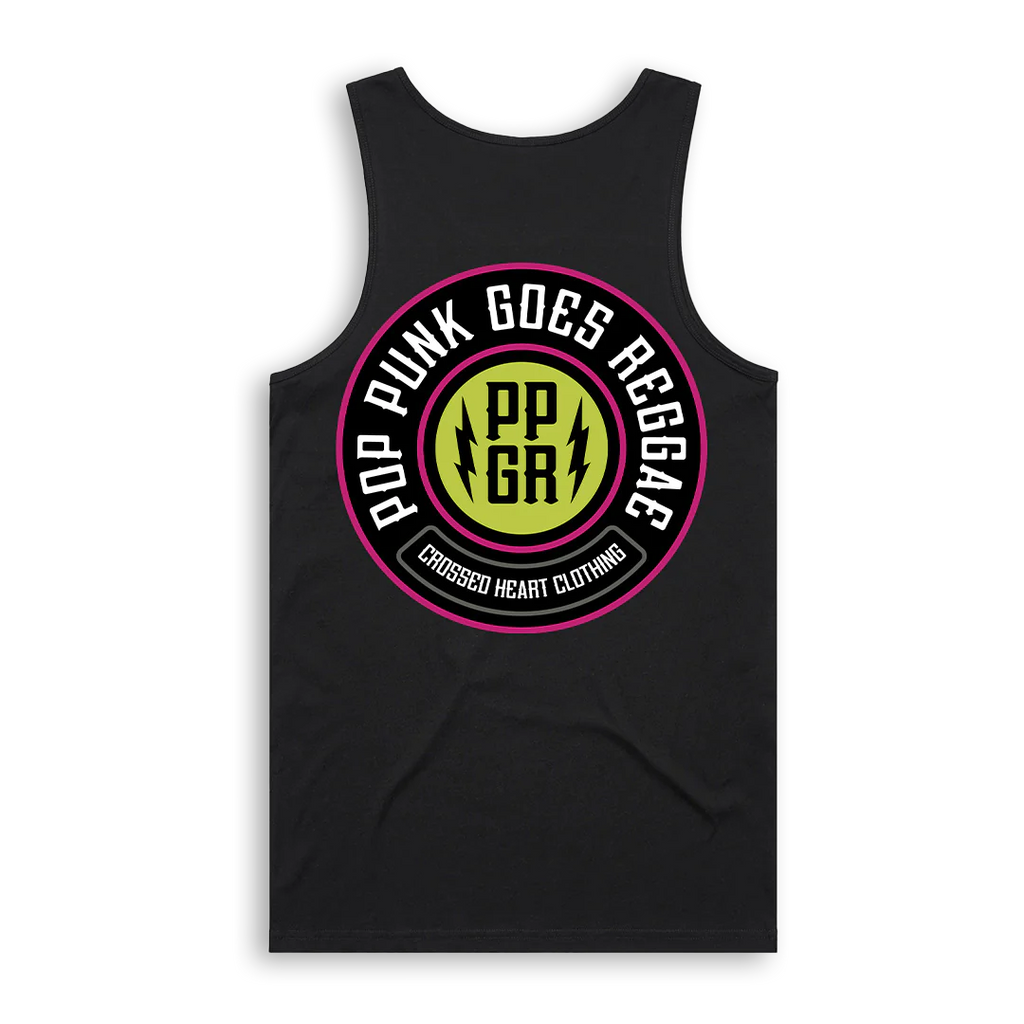 Pop Punk Goes Reggae PPGR emblem tank top featuring circular lightning logo graphic on black alternative streetwear tank by Crossed Heart Clothing
