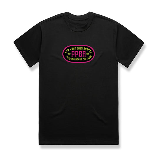 Pop Punk Goes Reggae PPGR logo t-shirt by Crossed Heart Clothing featuring oval neon style logo graphic on black alternative streetwear tee
