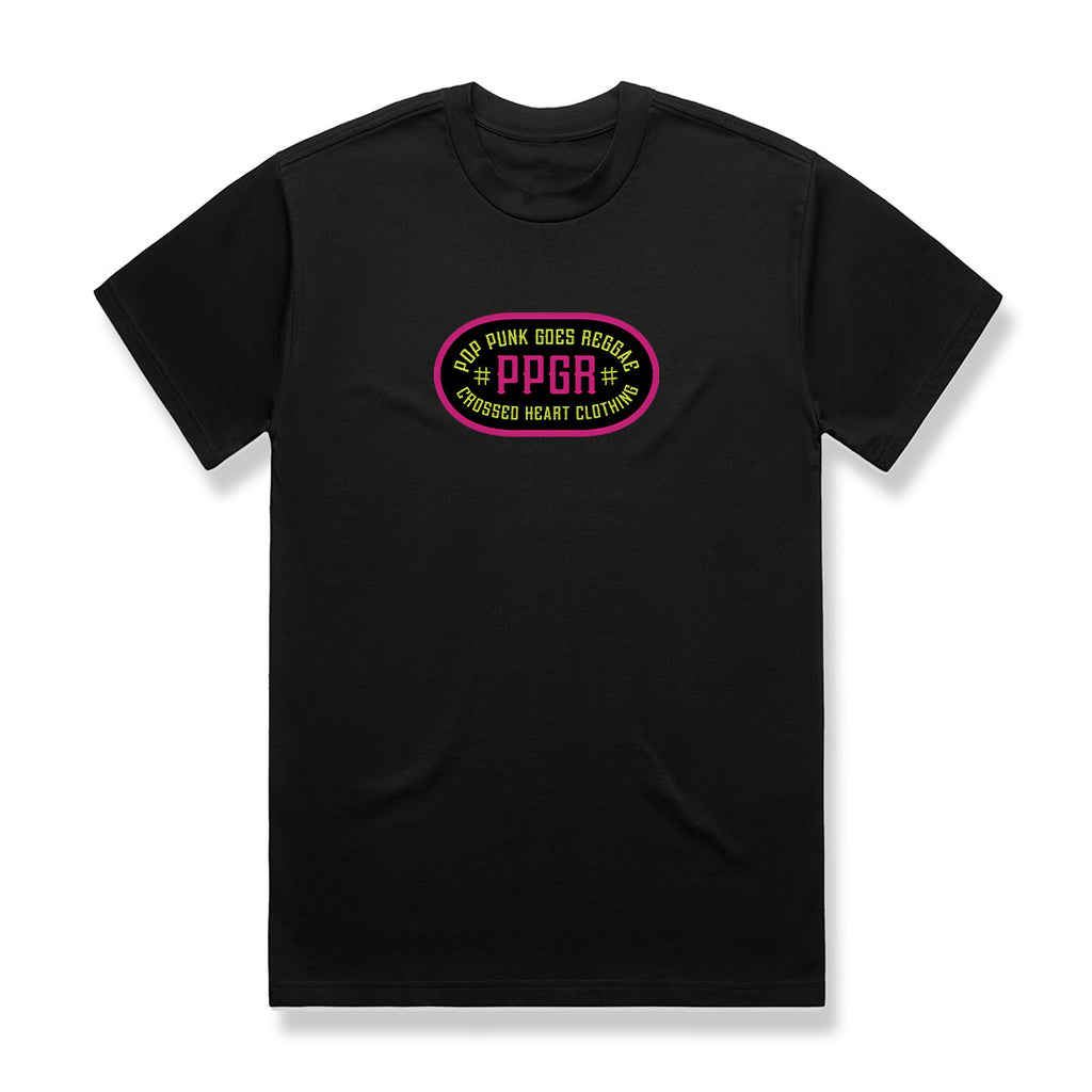 Pop Punk Goes Reggae PPGR logo t-shirt by Crossed Heart Clothing featuring oval neon style logo graphic on black alternative streetwear tee
