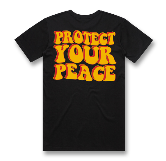 black protect your peace graphic t shirt with yellow and red retro text streetwear back print