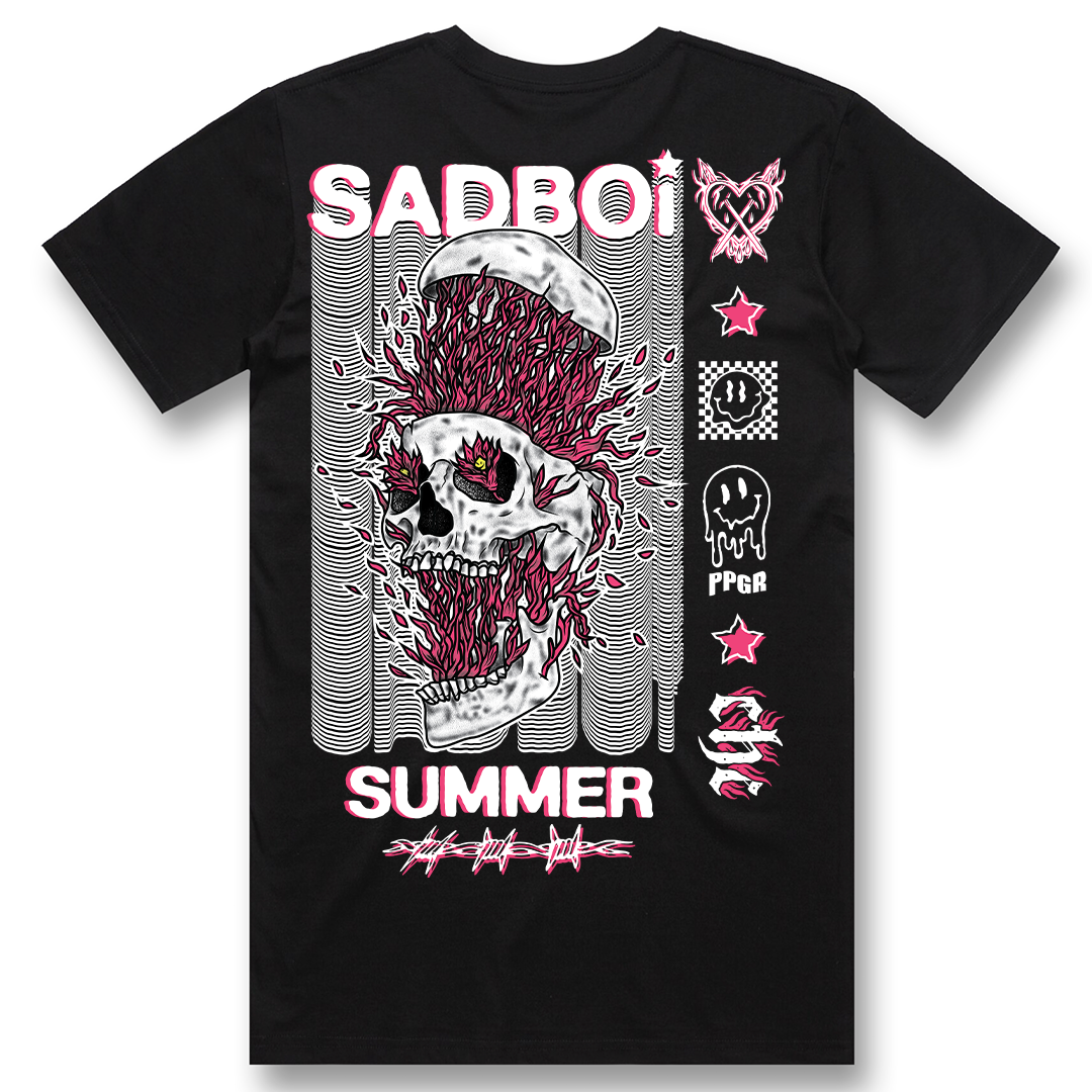 Sadboi Summer Pop Punk Goes Reggae t-shirt featuring melting skull graphic with pink punk style artwork on black alternative streetwear tee by Crossed Heart Clothing