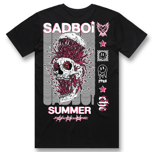 Sadboi Summer Pop Punk Goes Reggae t-shirt featuring melting skull graphic with pink punk style artwork on black alternative streetwear tee by Crossed Heart Clothing