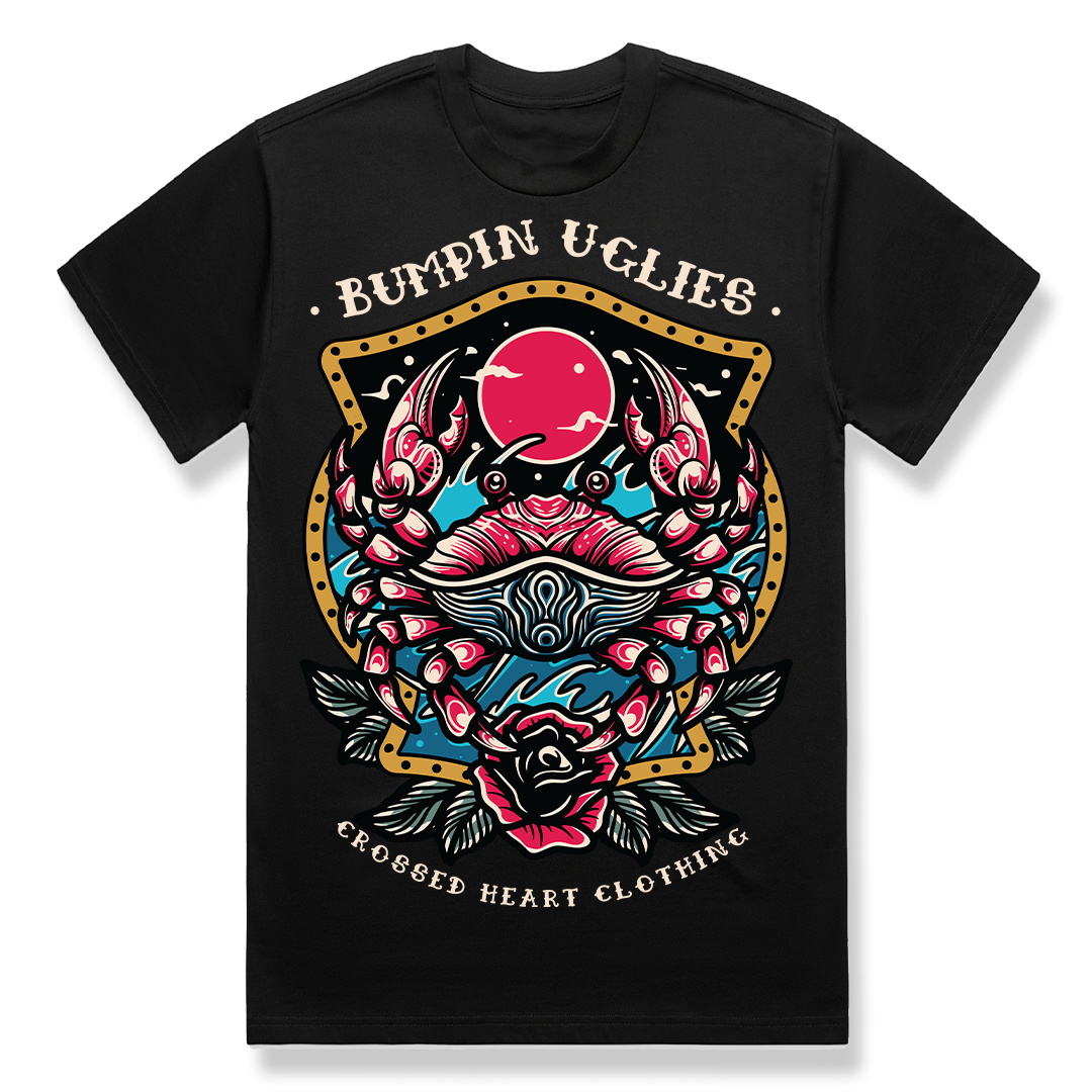 Shellraiser t-shirt Bumpin Uglies collaboration featuring neo traditional tattoo style crab illustration on black alternative streetwear tee by Crossed Heart Clothing